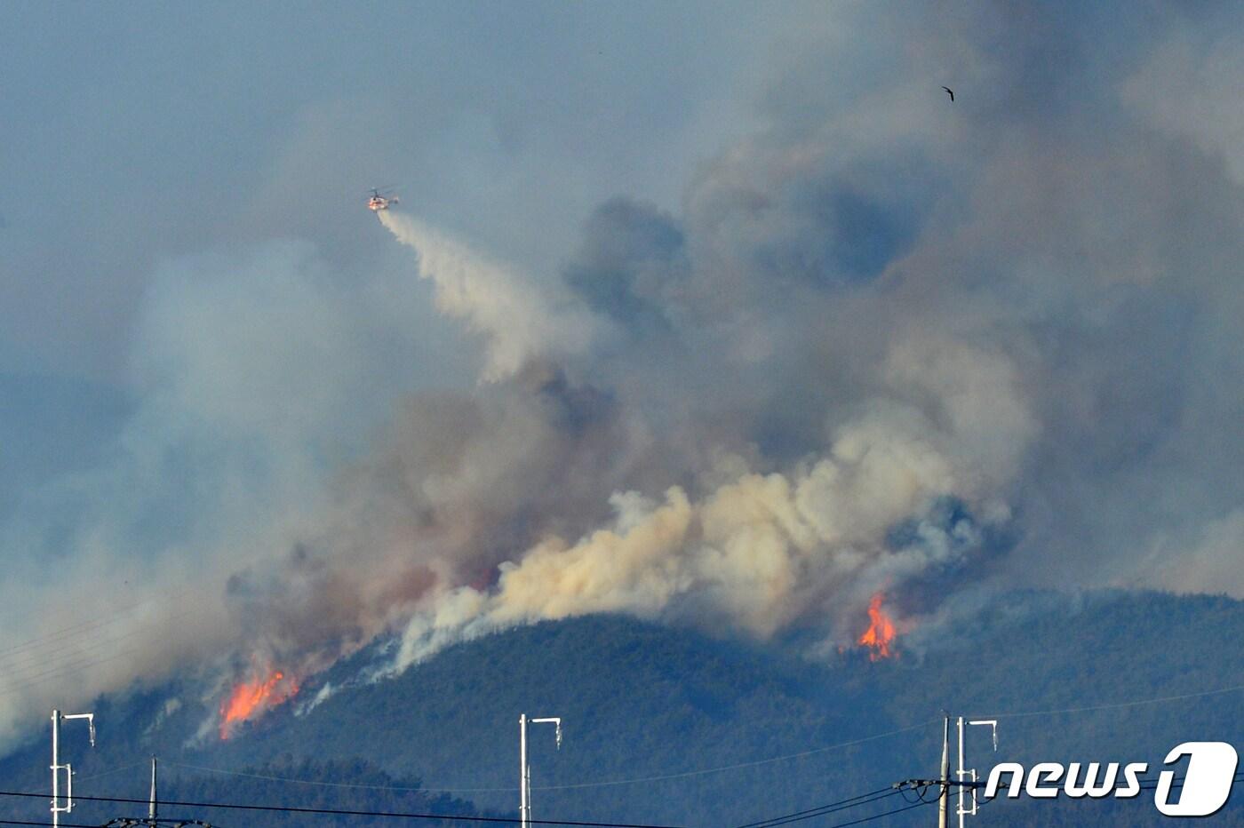 산림청 산불전문진화헬기가 2월 16일 경북 영덕군 영덕읍 화천리 산에서 발생한 산불을 진화하고 있다. 2022.2.16/뉴스1 ⓒ News1 최창호 기자