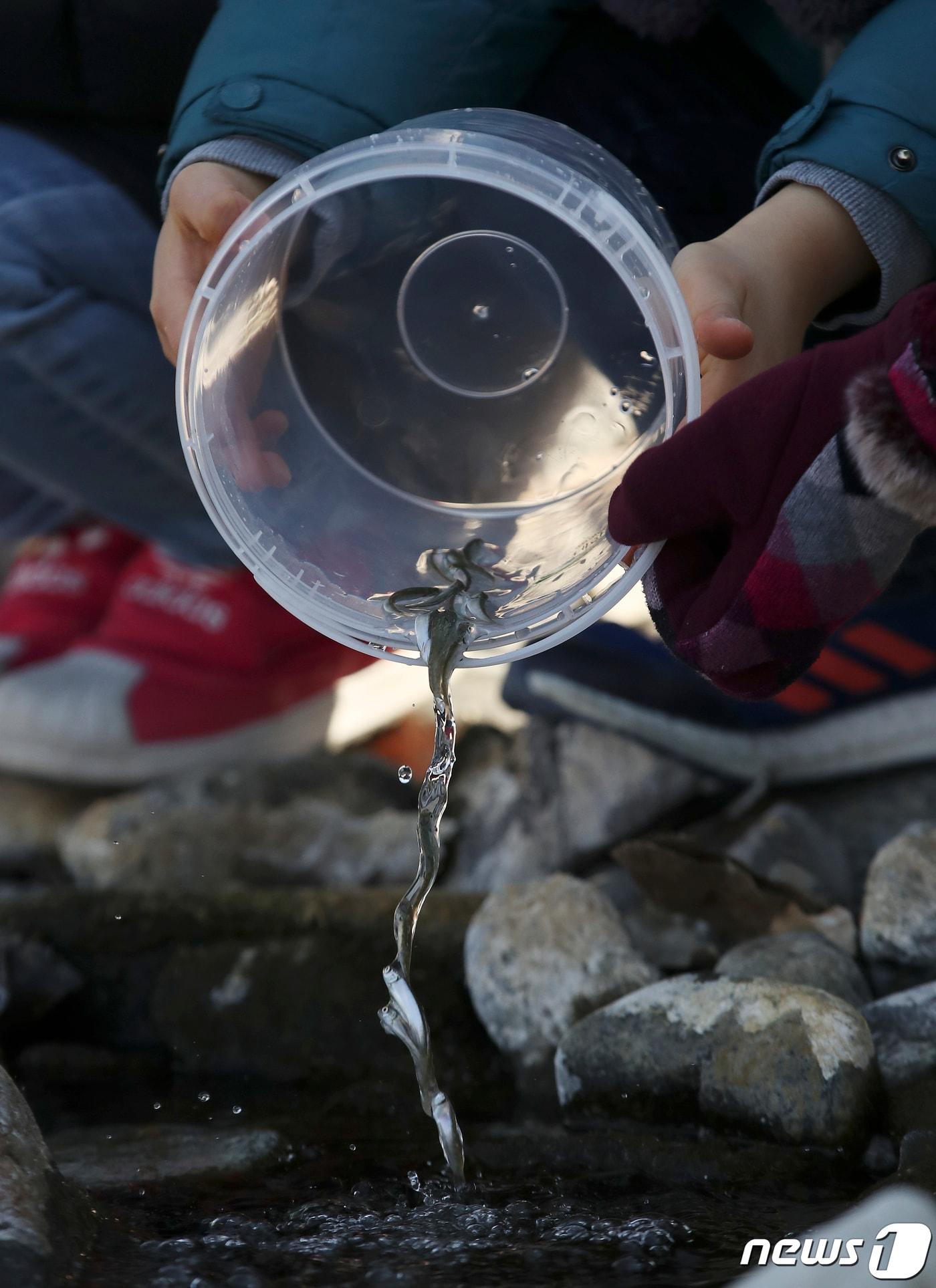 본문 이미지 - 울산 울주군 선바위교 인근 태화강에서 어린연어 방류 체험행사에 참가한 어린이들이 연어를 방류하고 있다. /뉴스1 ⓒ News1 DB 윤일지 기자