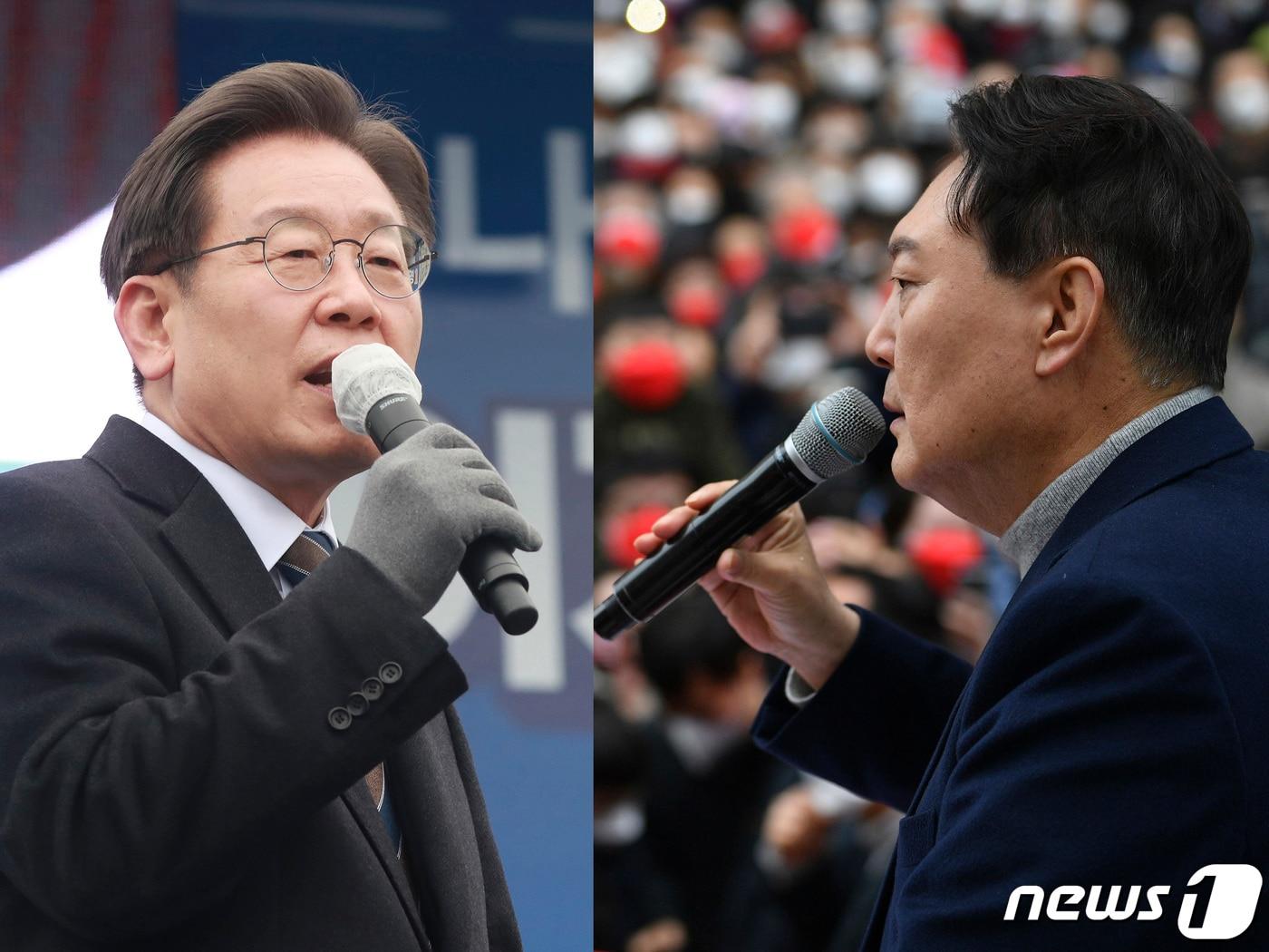 본문 이미지 - 이재명 더불어민주당 대선후보와 윤석열 국민의힘 대선후보가 26일 오후 경기 고양시 일산문화공원, 서울 양천구 목동현대백화점에서 각각 지지를 호소하는 연설을 하고 있다. 2022.2.26/뉴스1 ⓒ News1 국회사진취재단