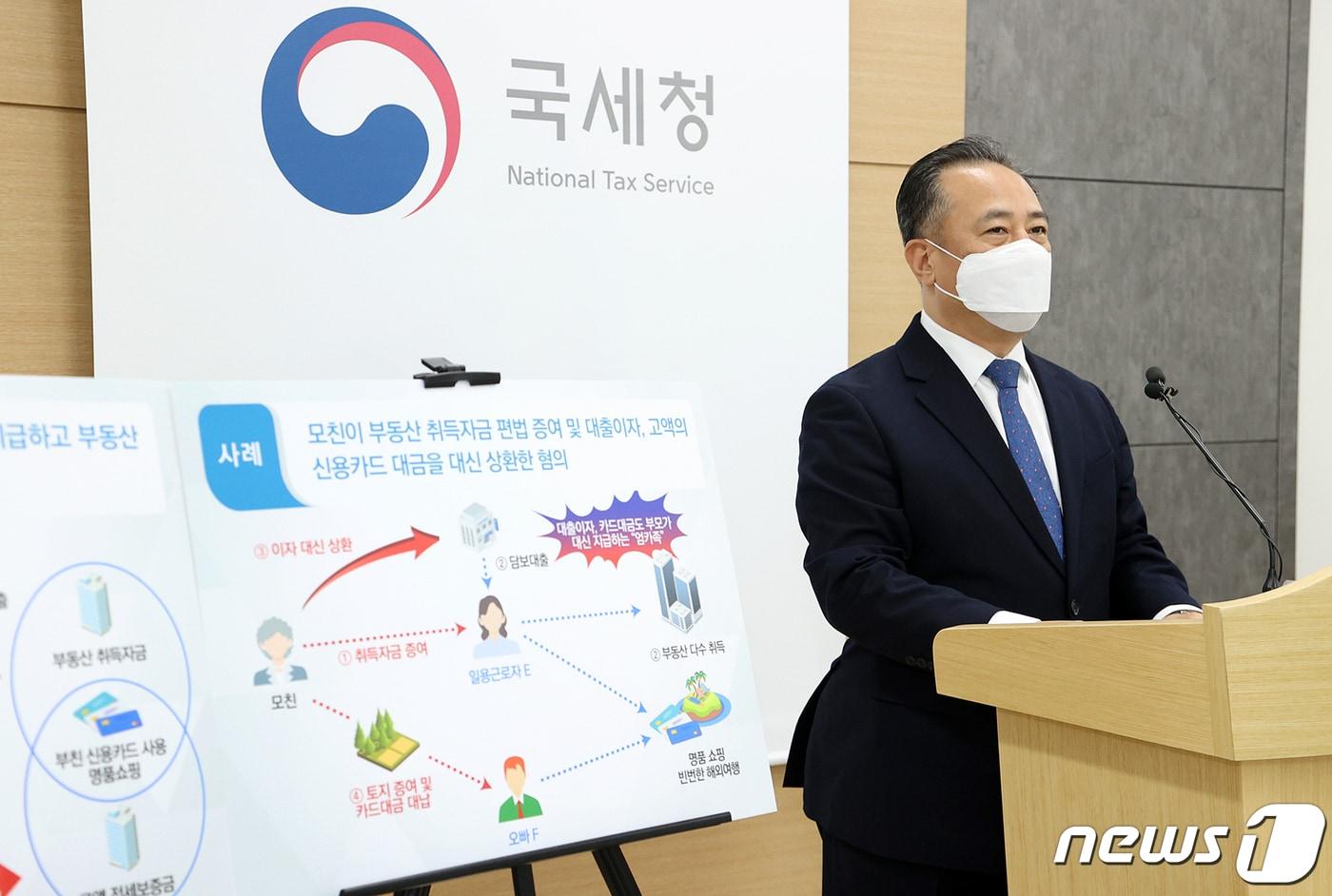 본문 이미지 - 박재형 국세청 자산과세국장이 3일 오전 정부세종청사에서 ' 대출도 부모가 대신 갚아주는 금수저 엄카족 등 편법증여 혐의자 227명 세무조사' 브리핑을 하고 있다. (국세청 제공) ⓒ 뉴스1