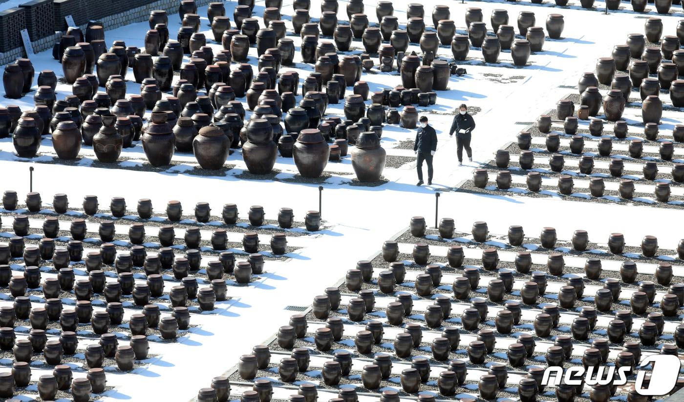 본문 이미지 - 경기도 파주장단콩웰빙마루에서 직원들이 장담그기를 위해 장독을 살펴보고 있다. 이곳에서는 파주지역에서 재배된 콩으로 직접 메주를 만들어 오는 3월5일 부터 장독에 장담그기를 시작한다. 2022.2.3/뉴스1 ⓒ News1 김명섭 기자