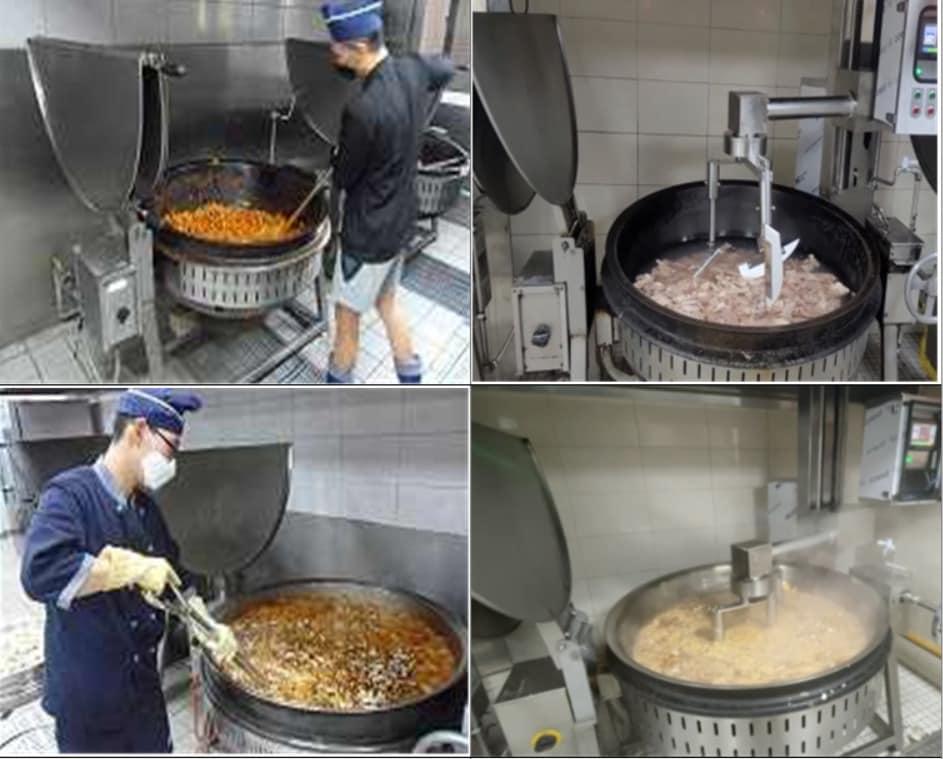 본문 이미지 - 충남 논산 육군훈련소 제28연대에 시범 보급된 '군 조리로봇'(오른쪽)이 볶음·국 요리를 하고 있다. (국방부 제공)ⓒ 뉴스1