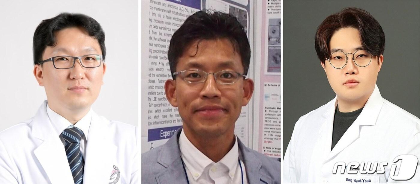 왼쪽부터 전진평 한림대춘천성심병원 신경외과 교수, 유효종 한양대 재료화학공학과 교수, 윤동혁 한림대 NFRT 연구소 박사과정 연구원.&#40;한림대 춘천성심병원 제공&#41;ⓒ 뉴스1