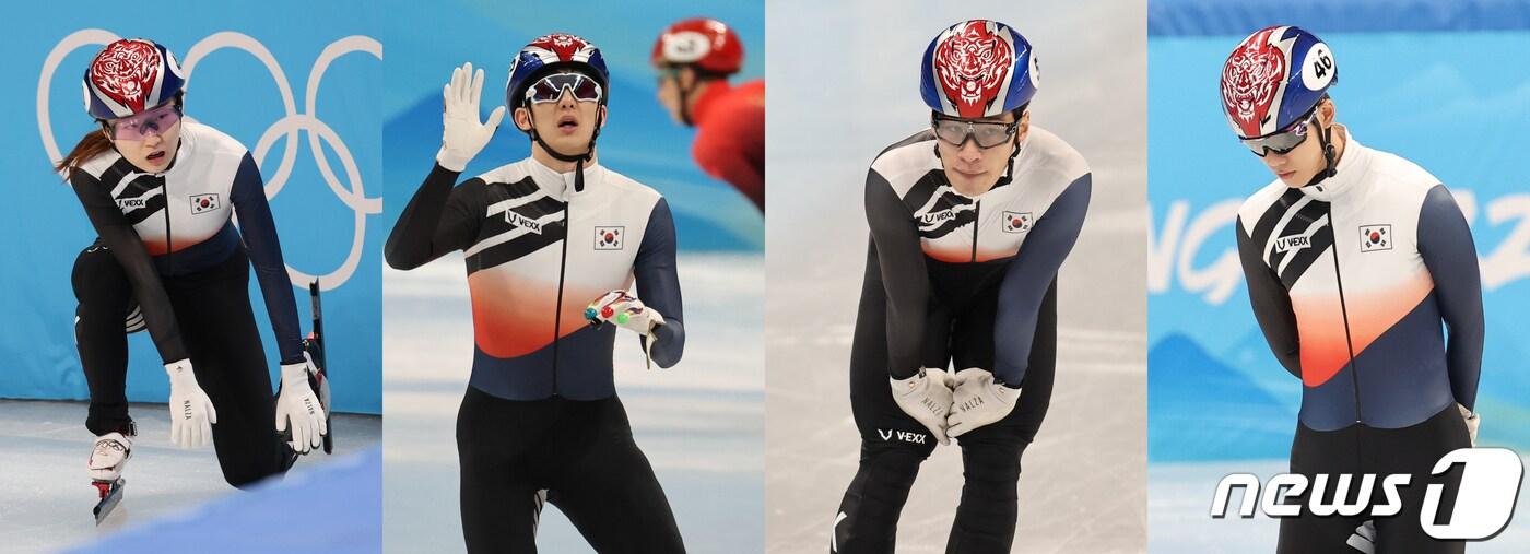 본문 이미지 - 7일 중국 베이징 수도실내체육관에서 열린 2022 베이징 동계올림픽 쇼트트랙 여자 500m, 남자 1000m 경기에 나간 최민정(왼쪽부터), 박장혁, 황대헌, 이준서. 최민정·박장혁은 넘어지고 황대헌, 이준서는 레인 변경 위반으로 실격됐다. 2022.2.7/뉴스1 ⓒ News1 안은나 기자