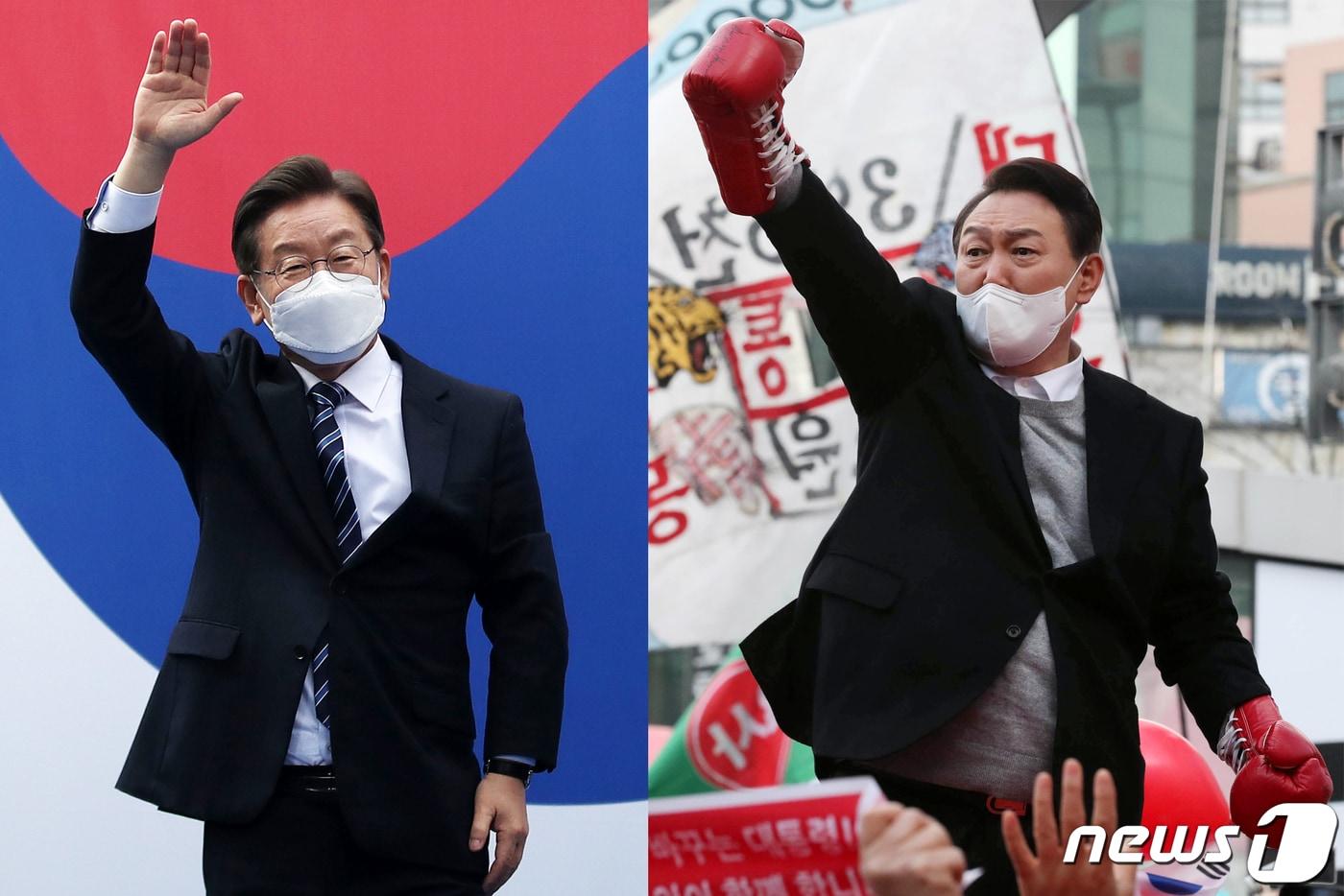 이재명 더불어민주당 대선 후보와 윤석열 국민의힘 대선후보가 1일 서울 중구 명동거리, 서울 서대문구 신촌 거리에서 각각 서울 집중유세를 펼치고 있다. 2022.3.1/뉴스1 ⓒ News1 오대일 기자