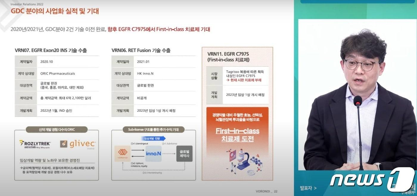 김대권 보로노이 대표가 2022년 3월 14일 온라인 기업IR에서 발표하고 있다(유튜브 영상 캡처).ⓒ 뉴스1