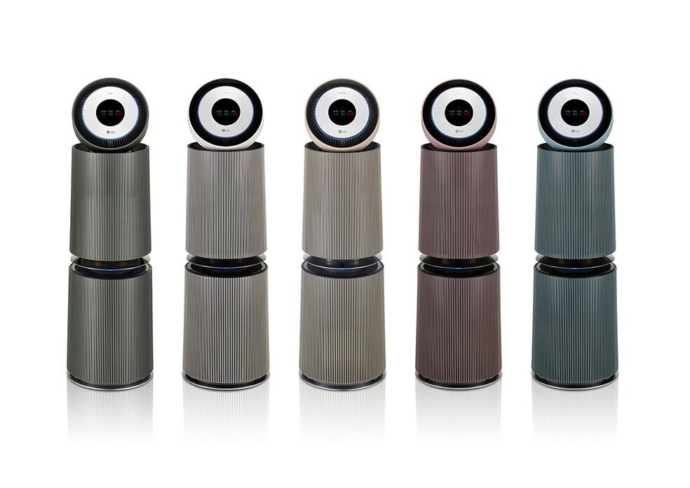 본문 이미지 - LG 퓨리케어 360˚ 공기청정기 알파 신제품. 왼쪽부터 네이처 그린, 네이처 베이지, 네이처 클레이 브라운, 네이처 클레이 핑크, 네이처 클레이 민트(LG전자 제공). ⓒ 뉴스1