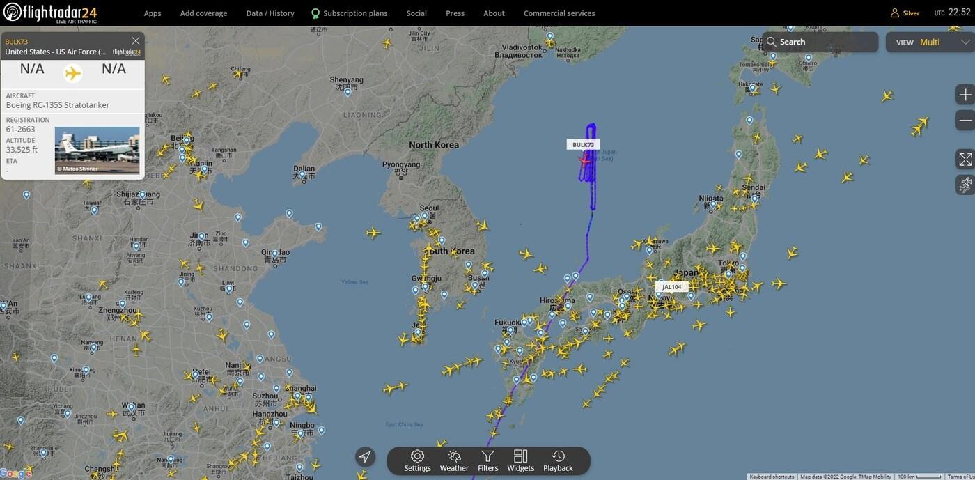 미군 특수정찰기 RC-135S '코브라볼'이 15일 독도 인근 동해 상공에 전개됐다. (플라이트레이더24 캡처) ⓒ 뉴스1ⓒ 뉴스1