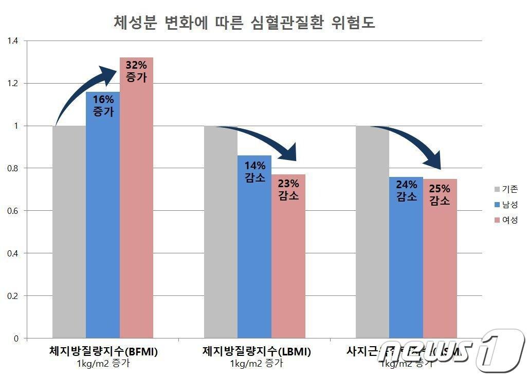 본문 이미지 - 체지방질량지수가 1kg/㎡ 증가하면 심혈관질환 발생 위험도는 남녀 각각에서 16%, 32% 증가했다. 반대로 제지방질량지수 및 사지근육질량지수가 1kg/㎡ 증가하면 심혈관질환 발생 위험도가 남성에서 각각 14%, 24%, 여성에서 23%, 25% 감소했다. (서울대학교 병원 제공) ⓒ 뉴스1