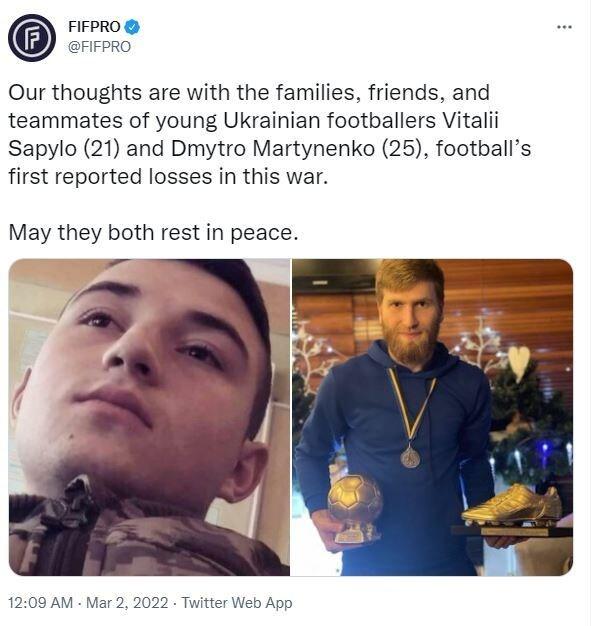 본문 이미지 - 러시아군의 침공으로 우크라이나 축구선수 2명이 사망했다.(FIFPro SNS 캡처)ⓒ 뉴스1