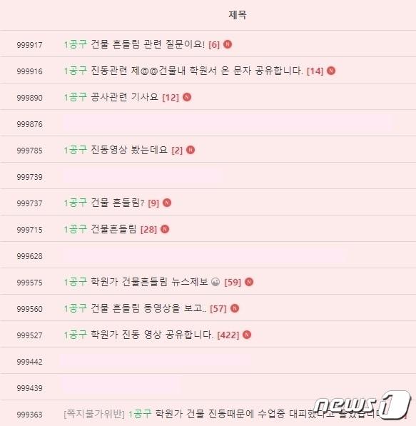 본문 이미지 - 송도1공구 한 주상복합아파트 신축공사 현장에서 파생된 소음과 진동으로 피해를 호소하거나, 피해를 호소하는 주민의 글을 확인하고 문의하는 맘카페 회원들의 게시글.(인천 송도 맘카페 글 갈무리)2022.3.2/뉴스1 ⓒ News1 박아론 기자