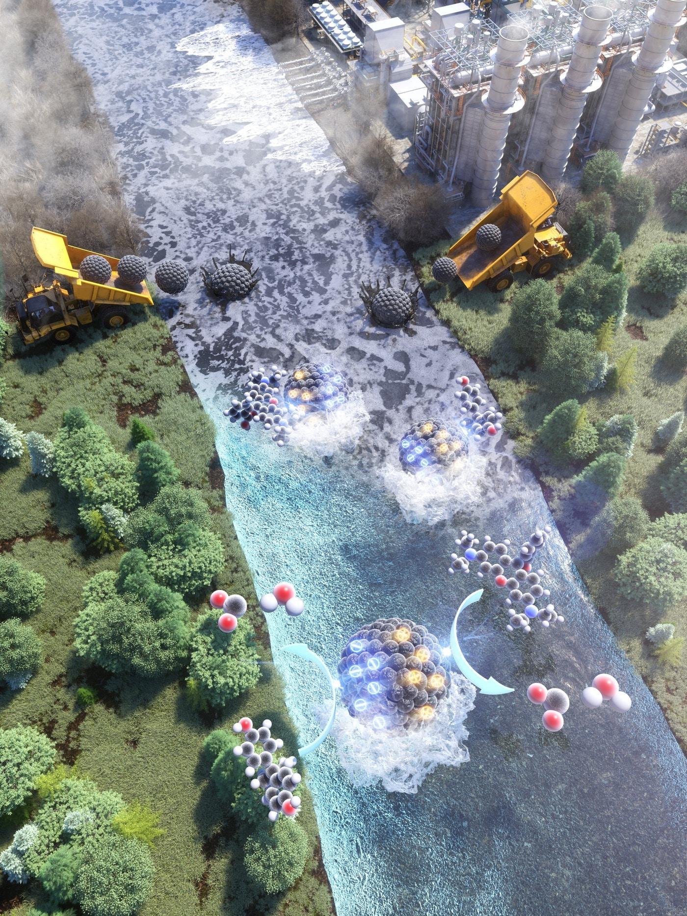 본문 이미지 - 물의 흐름에 의해 오염된 물을 정화하는 압전촉매 기술의 개념도(서울과기대 이영인 교수 제공)ⓒ 뉴스1