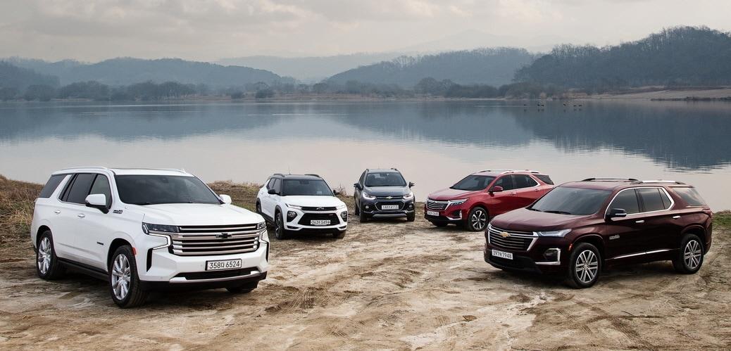 본문 이미지 - 쉐보레 SUV 라인업. 좌측부터 타호, 트레일블레이저, 트랙스, 이쿼녹스, 트래버스.(쉐보레 제공)ⓒ 뉴스1