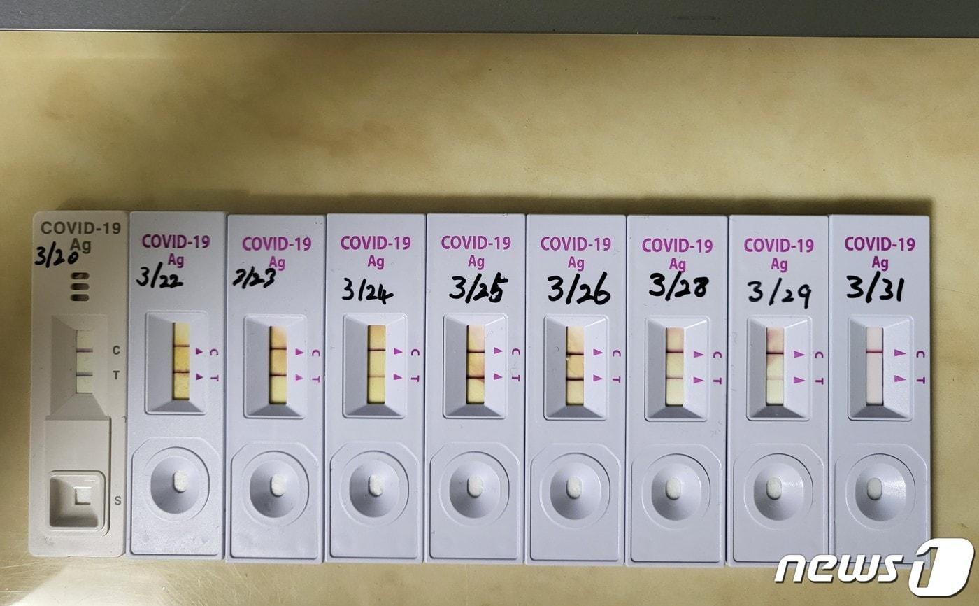 한 코로나19 유증상자가 지난 20일부터 자가진단키트에 양성이 나왔지만 자가격리에 들어가지 않으려고 PCR검사를 하지 않고 거의 매일 음성이 나올 때까지 확인한 자가진단키트 모습.(독자제공)ⓒ 뉴스1
