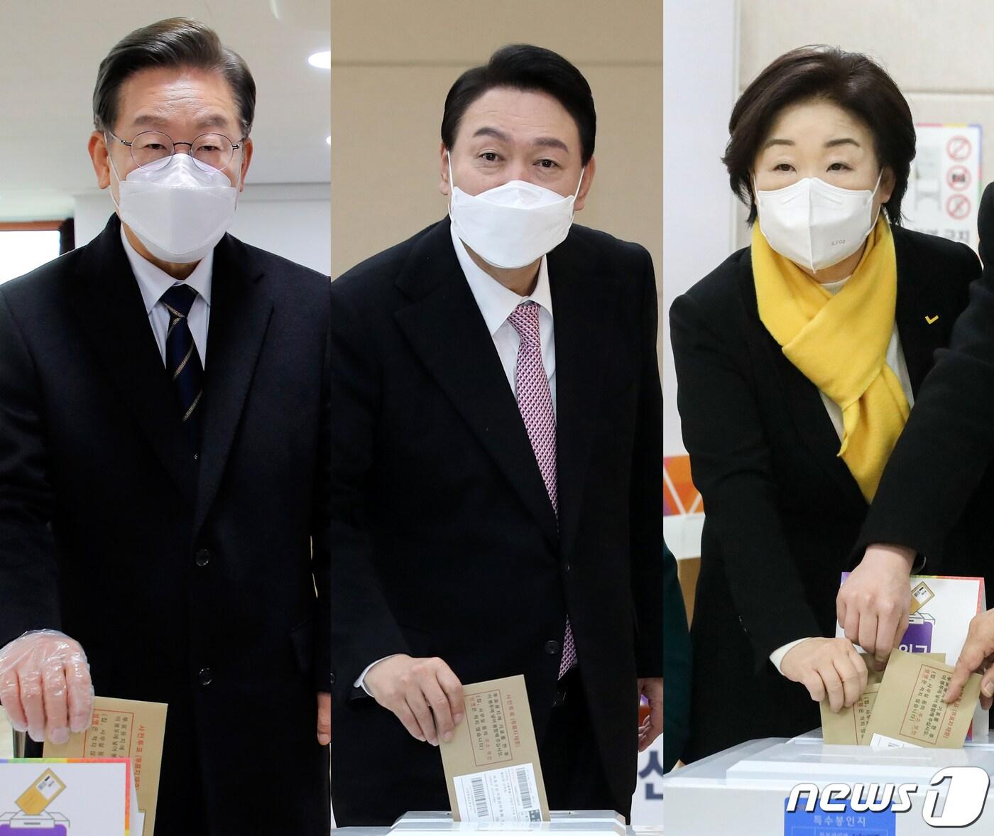 본문 이미지 - 이재명(왼쪽부터) 더불어민주당 대선후보, 윤석열 국민의힘 대선후보, 심상정 정의당 대선후보가 제20대 대통령 선거 사전투표 첫날인 4일 오전 서울 중구 소공동 주민센터, 부산 남구청, 서울 종로구 혜화동 주민센터에 마련된 사전투표소를 각각 찾아 투표하고 있다. 2022.3.4/뉴스1 ⓒ News1 이승배 기자