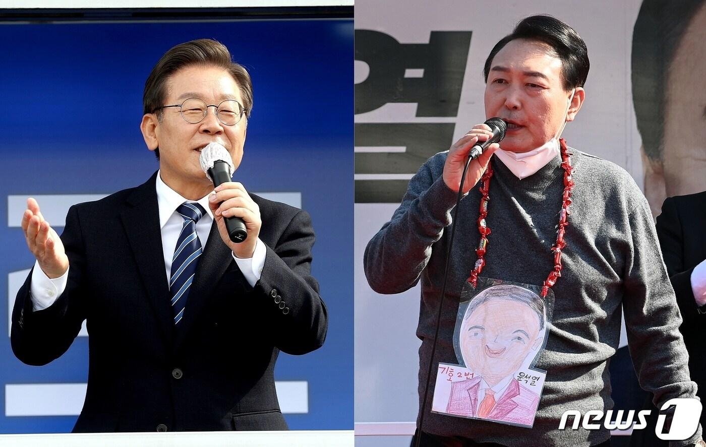 제20대 대통령선거를 앞두고 각각 7, 8일 제주에 방문한 이재명 더불어민주당 후보와 윤석열 국민의힘 후보.2022.3.8/뉴스1ⓒ 뉴스1