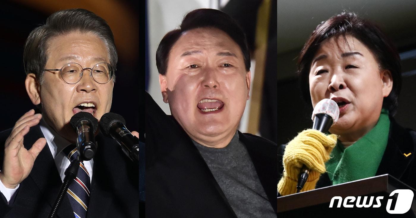 본문 이미지 - 이재명 더불어민주당 대선후보(왼쪽부터), 윤석열 국민의힘 후보, 심상정 정의당 후보가 제20대 대통령 선거를 하루 앞둔 8일 저녁 각각 서울 청계광장, 서울광장, 홍대 앞에서 마지막 총력 유세를 펼치고 있다. 2022.3.8/뉴스1 ⓒ News1 국회사진취재단,오대일 기자,이동해 기자