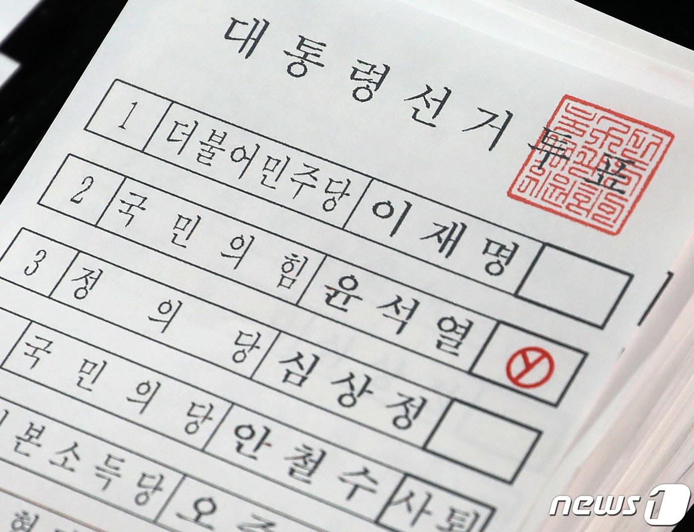 본문 이미지 - 제20대 대통령선거일인 9일 오후 모든 투표가 끝난 뒤 대구 북구 산격동 대구체육관에 마련된 북구선관위 개표소에서 개표사무원들이 개표하고 있다. 사진은 국민의힘 윤석열 후보를 찍은 유권자의 투표용지. 2022.3.9/뉴스1 ⓒ News1 공정식 기자