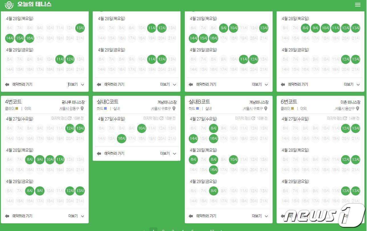 본문 이미지 - 26일 테니스장 온라인 예약 사이트에서 확인한 예약 현황. ⓒ 뉴스1(오늘의테니스 사이트 갈무리)