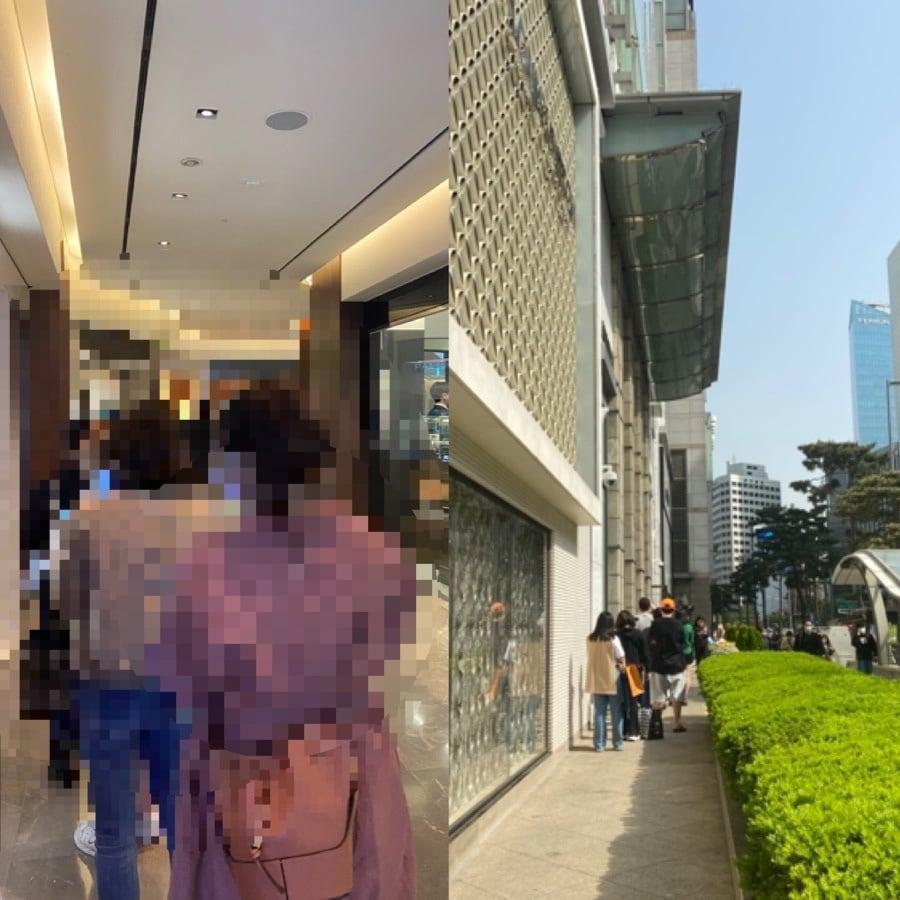 본문 이미지 - (왼쪽)까르띠에 매장 앞에서 대기 중인 고객들의 모습, (오른쪽)롯데백화점 본점 입장을 기다리는 고객들의 모습.ⓒ 뉴스1