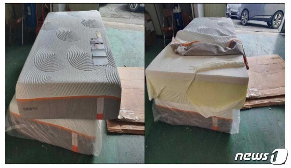 본문 이미지 - 위조된 템퍼페딕 메트리스.(부산본부세관제공)ⓒ 뉴스1