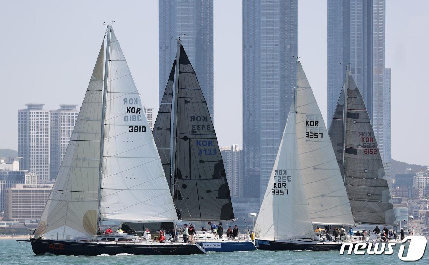 1부산시 해운대구 수영만요트경기장 앞바다에서 열린 '제17회 부산슈퍼컵 국제요트대회'에 참가한 요트들이 물살을 가르며 질주하고 있다..2022.5.1/뉴스1 ⓒ News1 