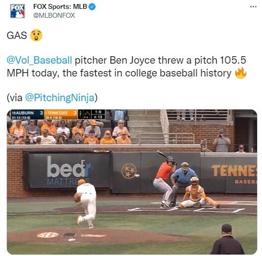 본문 이미지 - 벤 조이스는 2일(한국시간) 미국 대학야구 경기에서 105.5마일(약 169.8㎞)의 직구를 던졌다.(폭스스포츠 SNS 캡처) ⓒ 뉴스1