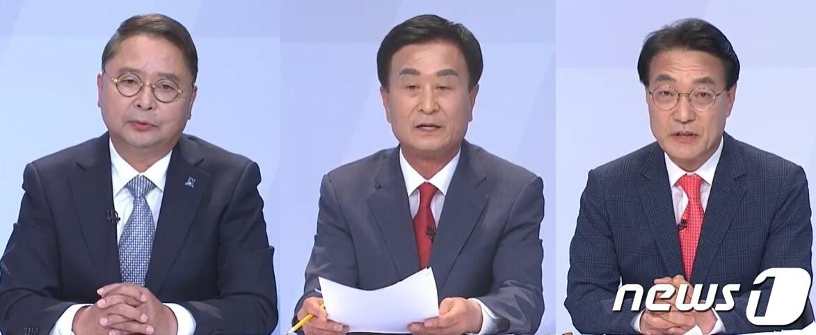 본문 이미지 - 사천시장 후보들. 왼쪽부터 황인성, 박동식, 차상돈 후보.(MBC경남 토론회 화면 캡처). 2022.5.25 ⓒ 뉴스1
