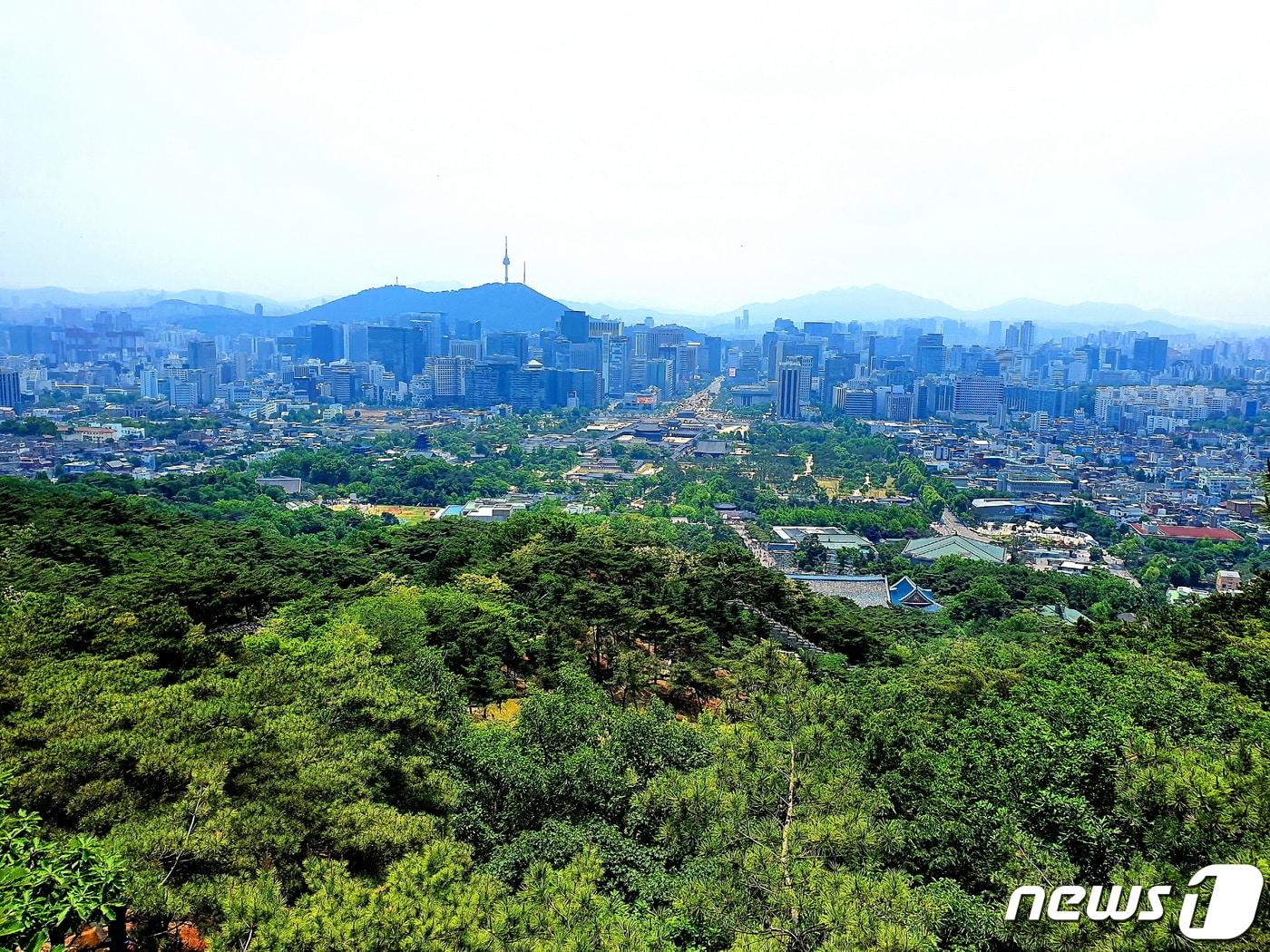 본문 이미지 - 북악산의 청와대 전망대에서 바라본 서울풍경. 북악산-청와대-경복궁-광화문으로 이어지는 도시경관의 끝에 남산이 있다 ⓒ 뉴스1