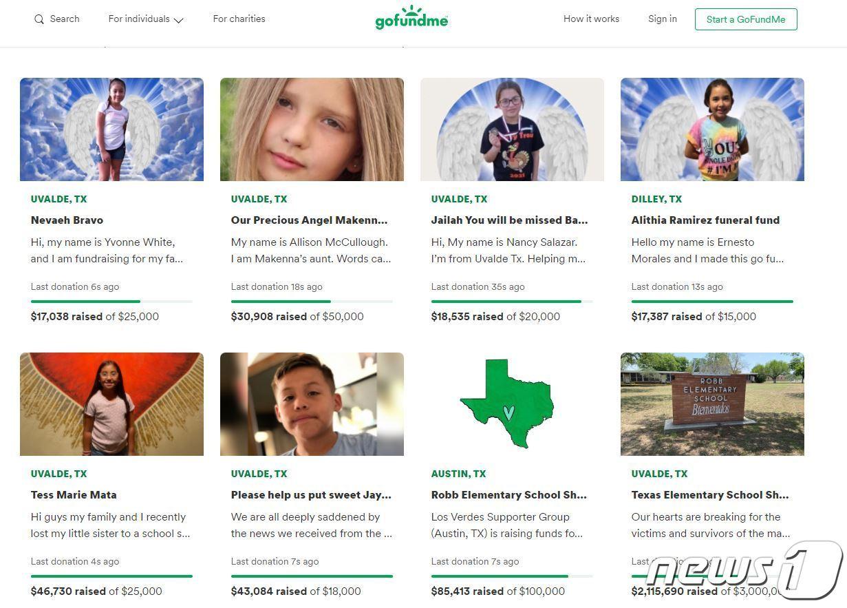 본문 이미지 - 미국 텍사스주 유밸디의 롭 초등학교에서 총기 난사 사건이 발생해 총 22명의 사망자가 발생했다. 피해자와 생존자, 유가족을 위해 마련된 크라우드 펀딩 페이지.(Gofundme 캡처) ⓒ 뉴스1