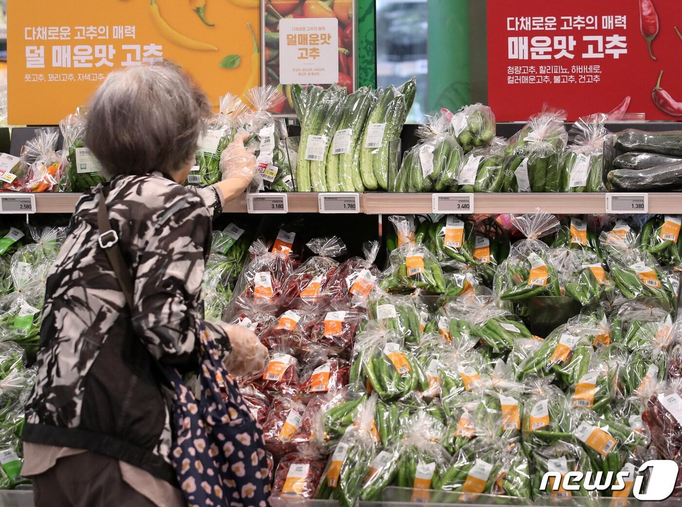 본문 이미지 - 최근 고기와 밀가루, 식용유에 이어 채솟값도 급등하면서 밥상물가 고공행진이 이어지고 있다. 사진은 27일 서울의 한 대형마트 모습. 2022.5.27/뉴스1 ⓒ News1 김진환 기자