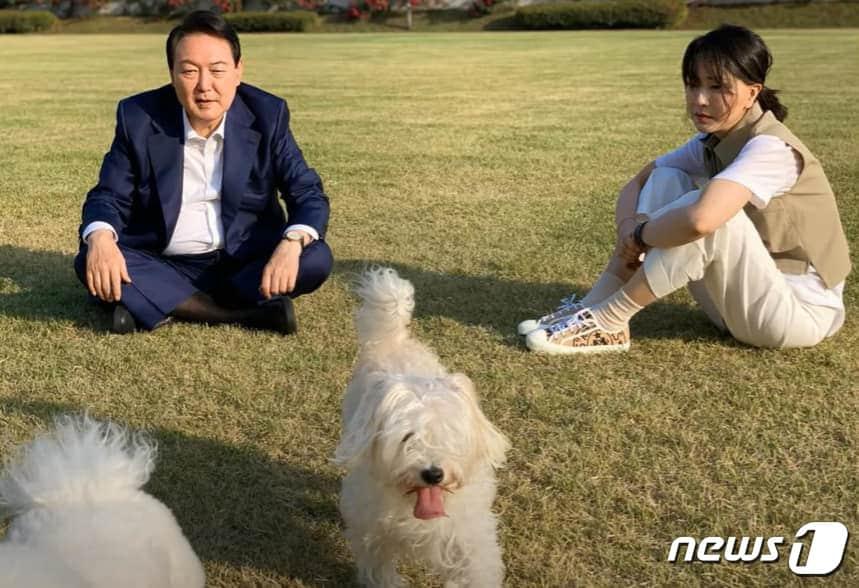 본문 이미지 - 윤석열 대통령과 부인 김건희 여사가 반려견들과 용산 대통령실 잔디밭에서 앉아있는 모습이 29일 공개됐다. (건희사랑) 2022.5.29/뉴스1
