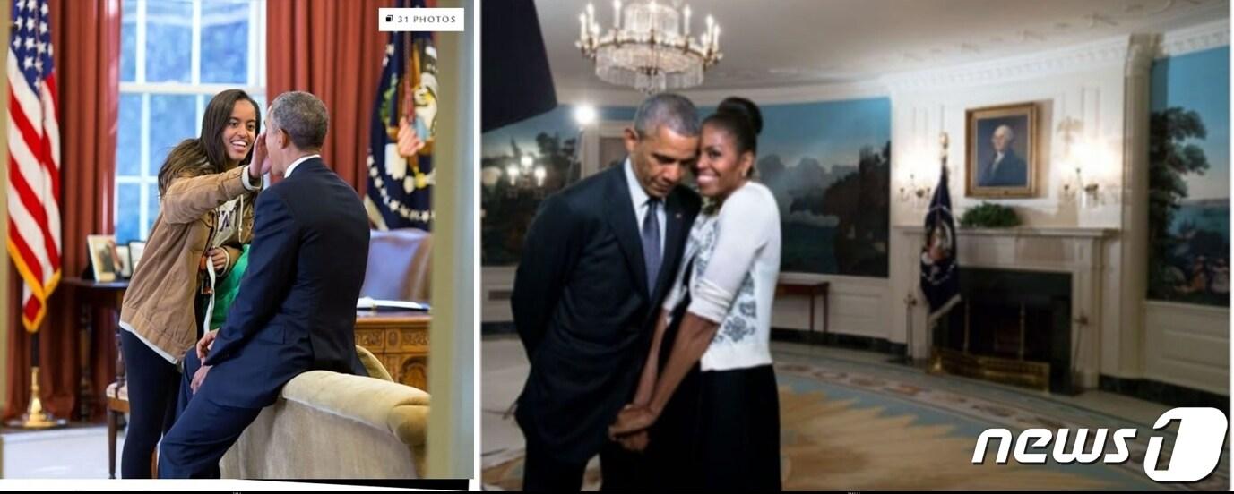 본문 이미지 - 버락 오바마 전 미국대통령이 재임시절 집무실에서 큰딸 말리아(왼쪽)와, 관저에서 부인 미셸과 즐거운 시간을 보내는 모습. (SNS 갈무리) ⓒ 뉴스1