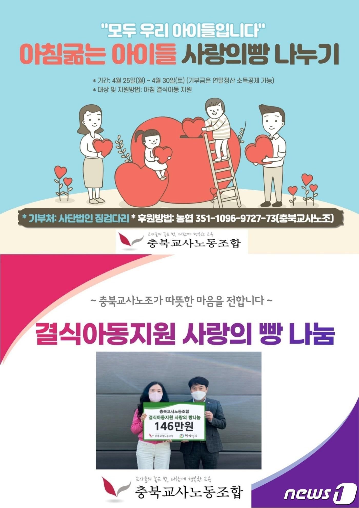 본문 이미지 - 충북교사노동조합은 아침을 굶는 제자들을 위해 조합원을 대상으로 '사랑의 빵 모금 행사'를 진행해 146만원을 사단법인 징검다리에 전달했다.ⓒ 뉴스1