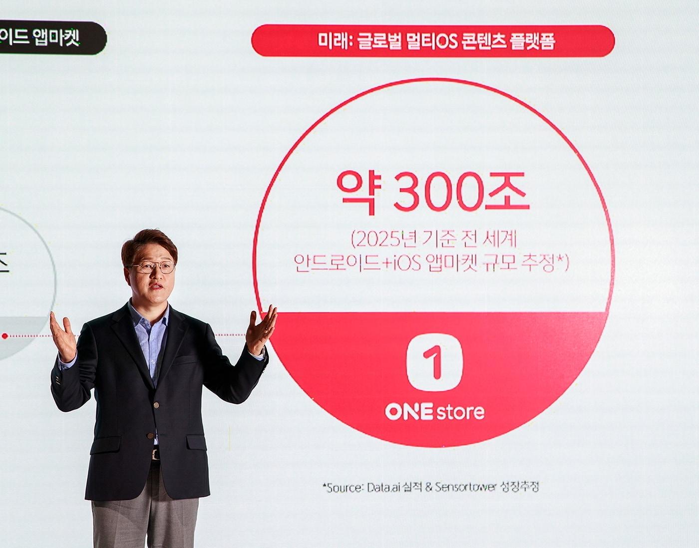본문 이미지 - 이재환 원스토어 대표는 2025년 전세계 약 300조 원의 시장을 놓고 경쟁하는 글로벌 앱마켓 사업자로 도약하겠다고 밝혔다. (원스토어 제공)