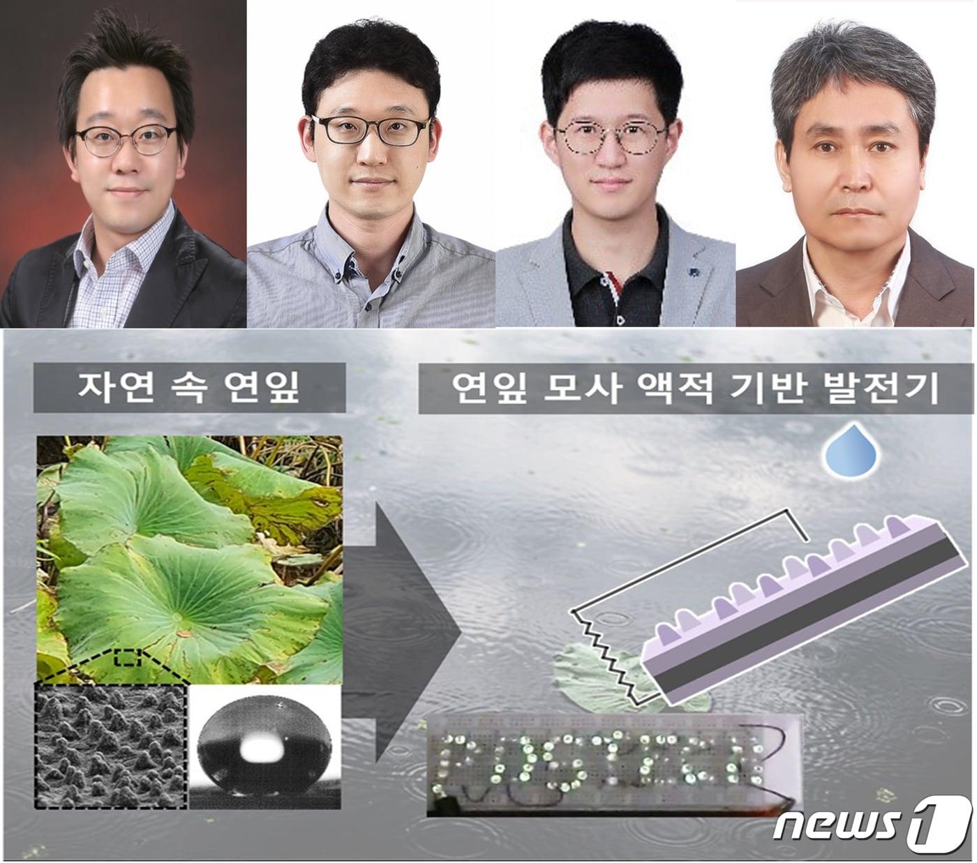 본문 이미지 - 포스텍(포항공대 총장 김무환), 경희대, 안동대학교 공동연구팀이 연잎이 가진 특징을 이용한 발전기를 개발했다. 왼쪽부터 김동성 교수, 유동현 박사, 최동휘 교수, 김시조 교수.(포스텍제공)2022.6.13/ⓒ 뉴스1