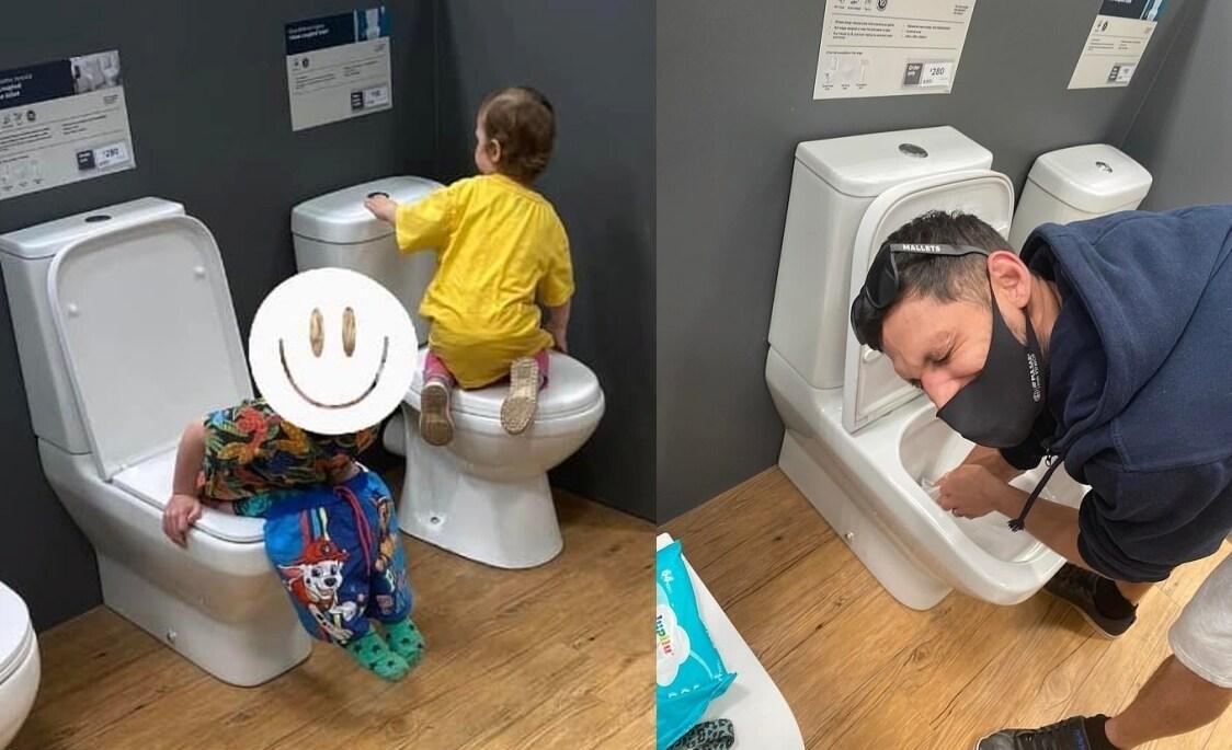 본문 이미지 - 변기 샘플에 대변을 누는 4세 남아(왼쪽), 아들의 대변을 직접 치우는 아빠. (페이스북 갈무리) ⓒ 뉴스1