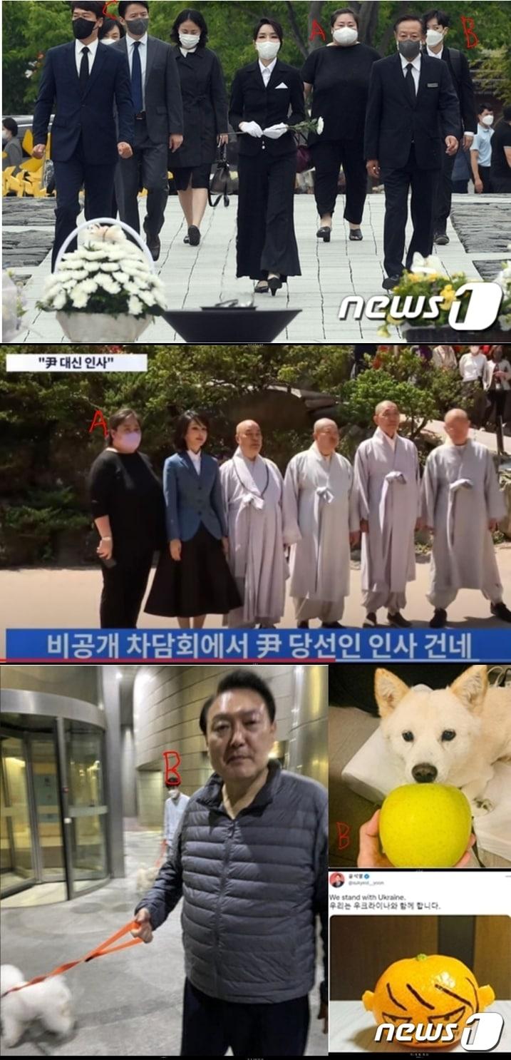 본문 이미지 - 윤석열 대통령 부인 김건희 여사가 지난 13일 경남 김해 봉하마을을 찾아 고(故) 노무현 전 대통령 묘소를 참배할 때 뒤따른 4명 중 3명이 김 여사의 코바나컨텐츠 직원 출신인 것으로 밝혀졌다. 이 중 B와 C씨는 대통령실 직원으로 들어갔고 김량영 충남대 겸임교수(A)는 민간인 신분이다. B씨는 대선 기간 중 논란거리를 제공했던 개사과와 우크라이나 비하 논란을 일으켰던 귤 사진을 SNS에 올렸고 5월 16일 윤 대통령이 자택 부근을 산책할 때 뒤를 따랐던 이로 알려졌다. 김량영 교수는 지난달 3일 단양 구인사 방문 때 김 여사를 수행했다. (SNS 갈무리) ⓒ 뉴스1