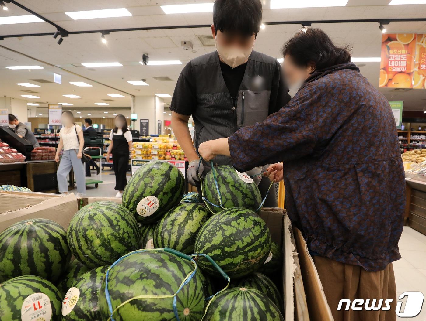 본문 이미지 - 서울 시내 한 대형마트에서 시민들이 수박을 살펴보고 있다. 2022.6.16/뉴스1 ⓒ News1 김진환 기자
