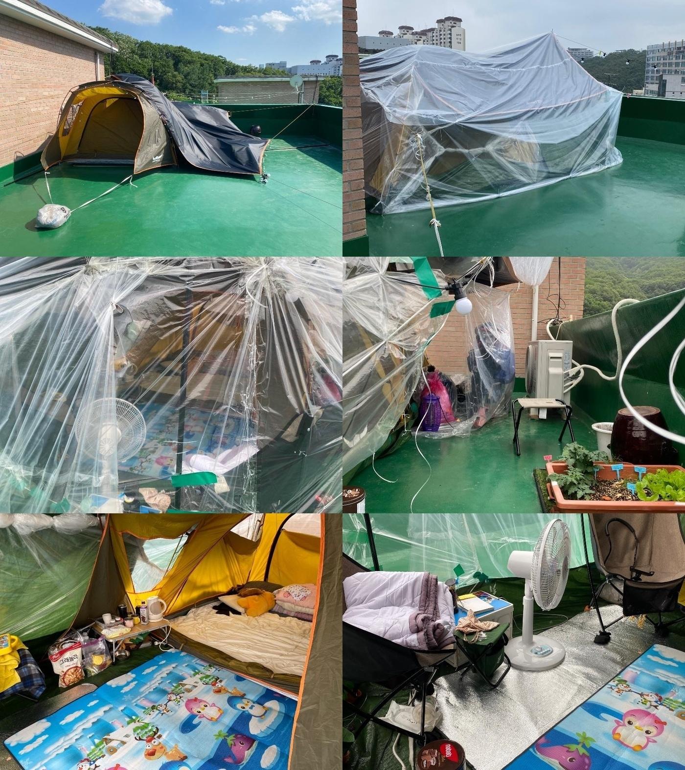 본문 이미지 - 빌라 공용 옥상에 등장한 텐트와 내부 모습. (온라인 커뮤니티 '보배드림' 갈무리) ⓒ 뉴스1