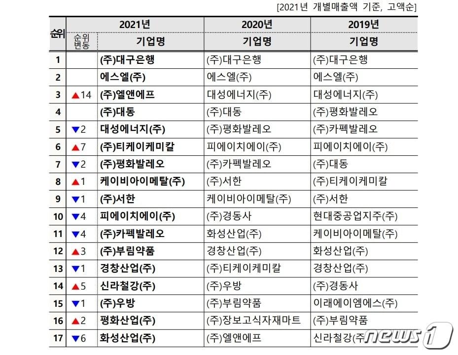 본문 이미지 - 대구 매출액 상위 기업(대구상공회의소 제공)ⓒ 뉴스1