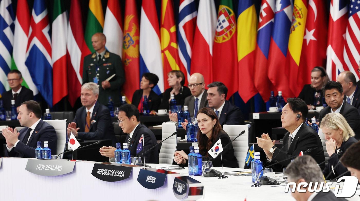 윤석열 대통령이 지난 6월29일(현지시간) 스페인 마드리드 이페마(IFEMA) 국제회의장에서 열린 나토(NATO·북대서양조약기구) 동맹국·파트너국 정상회의에 참석해 박수를 치고 있다. (대통령실사진기자단) 2022.6.29/뉴스1 ⓒ News1 오대일 기자