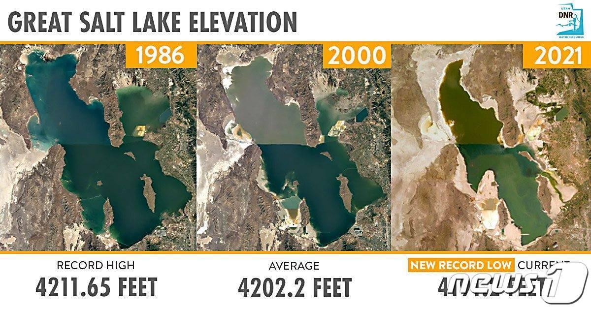 본문 이미지 - 미국 유타주(州) 그레이트솔트호의 변화 모습.  그레이트솔트호의 수심은 1986년 4211.65피트(약 1283m)에서 2021년 4191.2피트(약 1277m)로 줄어들었다.(유타주 수자원부 홈페이지 캡처)ⓒ 뉴스1