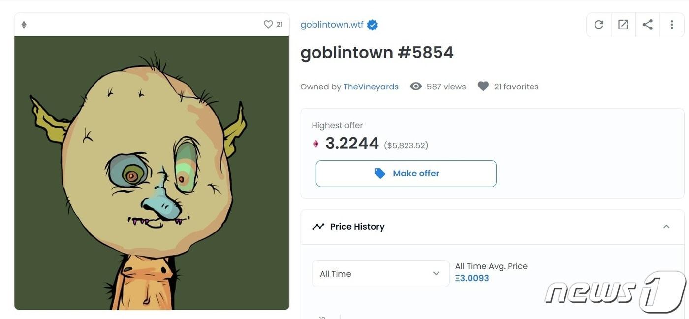 NFT 거래 플랫폼 오픈씨에 있는 고블린 타운 #5854 NFT. ⓒ 뉴스1(오픈씨 홈페이지 캡처)