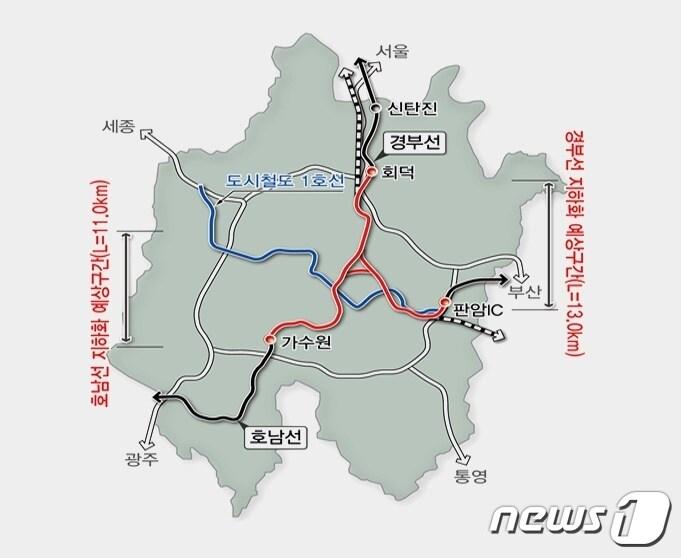 본문 이미지 - 대전지역 경부·호남선 도심 구간 지하화 계획 (대전시 제공) ⓒ뉴스1