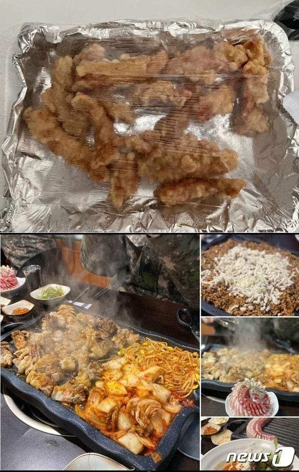 본문 이미지 - 강원도 화천에서 군복무중인 용사가 '너무한 바가지'라며 올린 1만2000원짜리 탕수육(위)과 인천 백령도에서 근무하고 있는 용사가 올린, 탕수육보다 싼 가격으로도 푸짐하게 먹을 수 있다는 삼결살과 치즈볶음밥. (육대전 갈무리) ⓒ 뉴스1