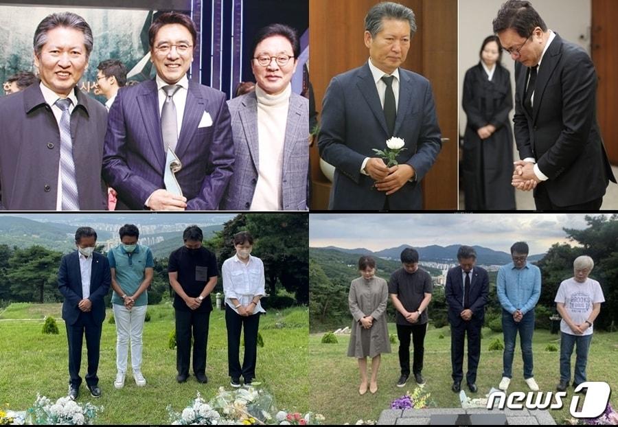 본문 이미지 - MBN '판도라'에서 정을 쌓았던 정청래 더불어민주당 의원, 배우 김승우는 고(故) 정두언 전 새누리당 의원(왼쪽 위 사진 좌측부터). 정두언 전 의원이 2019년 7월 16일 세상을 떠나자 정 의원과 김승우는 슬픔을 가누지 못했으며 이후 고인의 기일 때마다 경기도 분당에 있는 묘소를 찾아 참배하는 것을 잊지 않고 있다. (SNS 갈무리) ⓒ 뉴스1