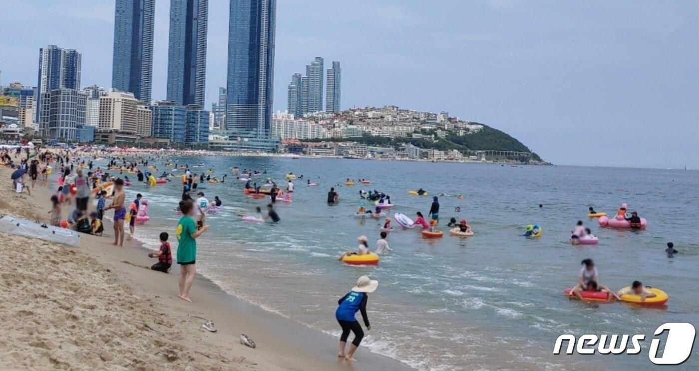 23일 부산 해운대해수욕장에서 행락객들이 물놀이를 즐기고 있다.2022.7.23.ⓒ 뉴스1 손연우기자