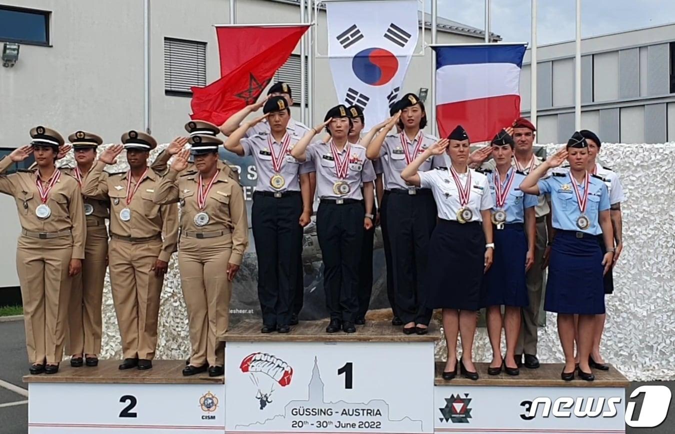 본문 이미지 - 육군 특수전사령부가 지난달 20~30일 오스트리아 귀싱에서 개최된 제45회 세계군인강하선수권대회(WMPC) 여군 '상호 활동'(4-Way Formation Skydiving) 부문 1위를 차지했다. (WMPC) ⓒ 뉴스1