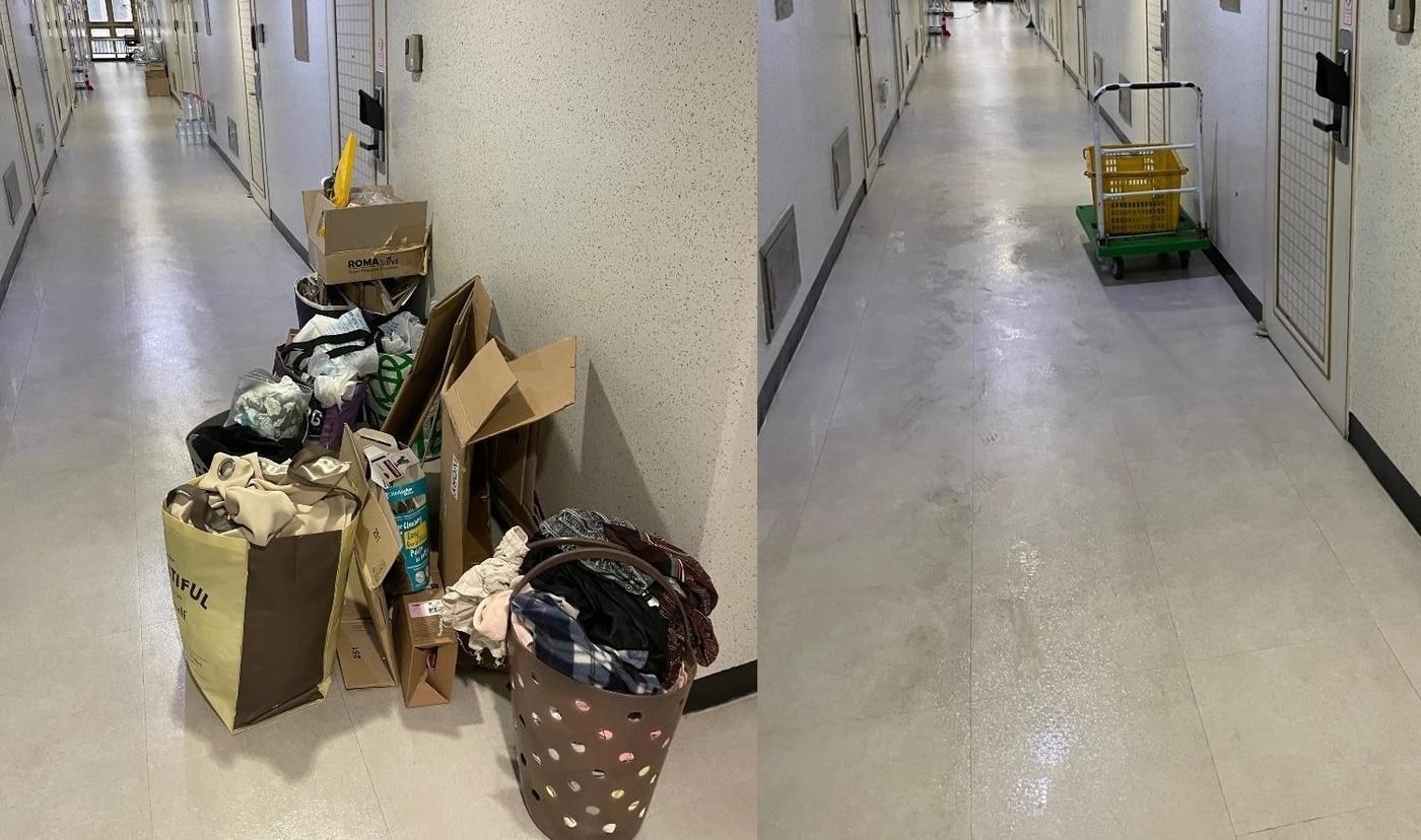 A씨는 악취의 원인이 쓰레기를 문 앞에 모아놓는 이웃(왼쪽 사진)때문이라고 생각했다. 그러나 그 옆집의 이웃(오른쪽 사진에서 손수레가 있는 곳)이 고독사하면서 악취가 나는 것으로 밝혀졌다. ('보배드림' 갈무리) ⓒ 뉴스1